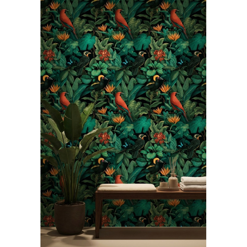 Murale tropicale avec oiseaux tropicaux, Peler et coller