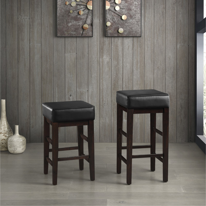 Transitional Faux Leather Seat 29-Inch Pub Height Stools Set Of 2, Solid Wood Frame, Espresso, Black