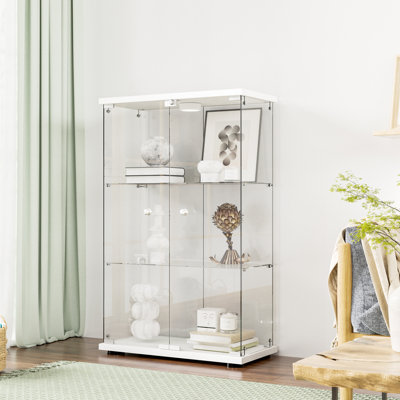 Mykaya Tempered Glass Display Cabinet with LED Light, 3-Shelf Curio Cabinet with 2 Doors