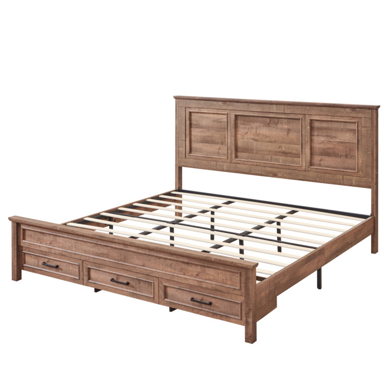 Farmhouse Platform Bedframe, Wood Bed Frame With 52" Tall Headboard, Light Brown, King