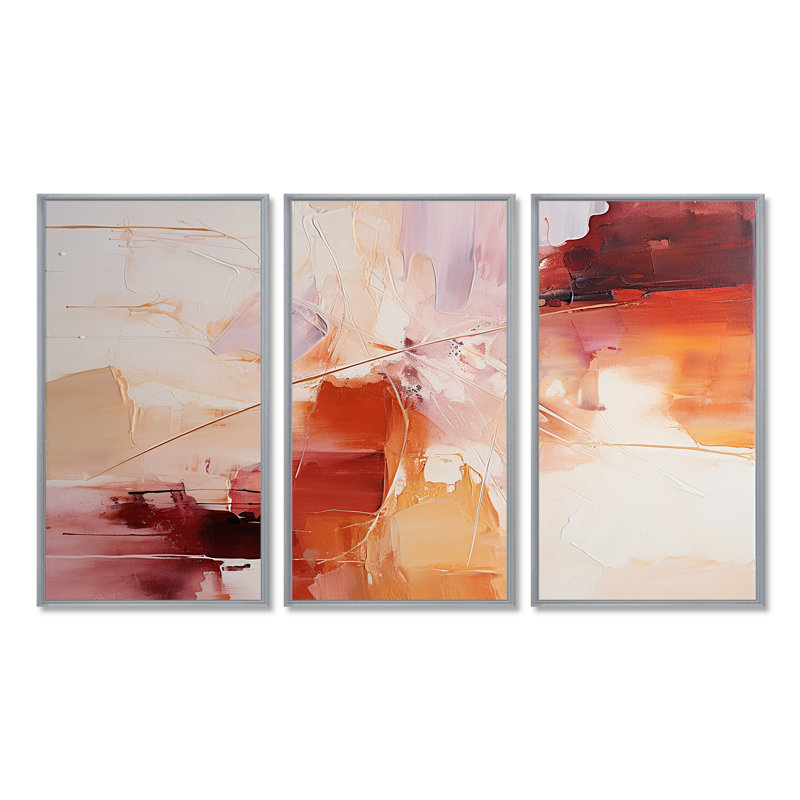 Ensemble de salon déco triangulaire rouge orange - Collages abstraits, Encadrement argenté, H 40 po x l 60 po x P 1 po