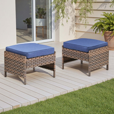 Ensemble de 2 repose-pieds d'extérieur en osier PE avec coussins bleus, repose-pieds toutes saisons pour patio, terrasse ou jardin.