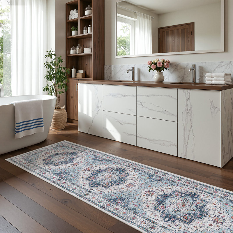 Malila Machine Washable Non-Slip Area Rug, Blue, Runner 2' x 8'