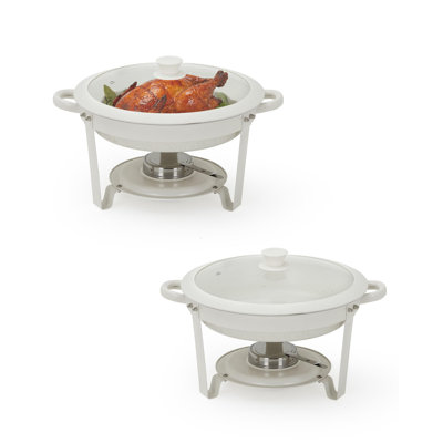 2-Piece Maifanite-Coated Round Chafing Dish Buffet Set – 5L Nonstick Stainless Steel Food Warmers with Glass Lids, Easy-Clean, Stackable