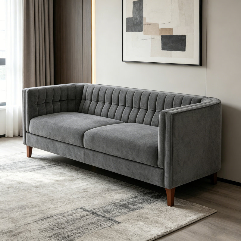 Canapé moderne à 3 places rembourré avec accoudoirs courbés, dossier capitonné et pieds en bois pour le salon, Chenille gris