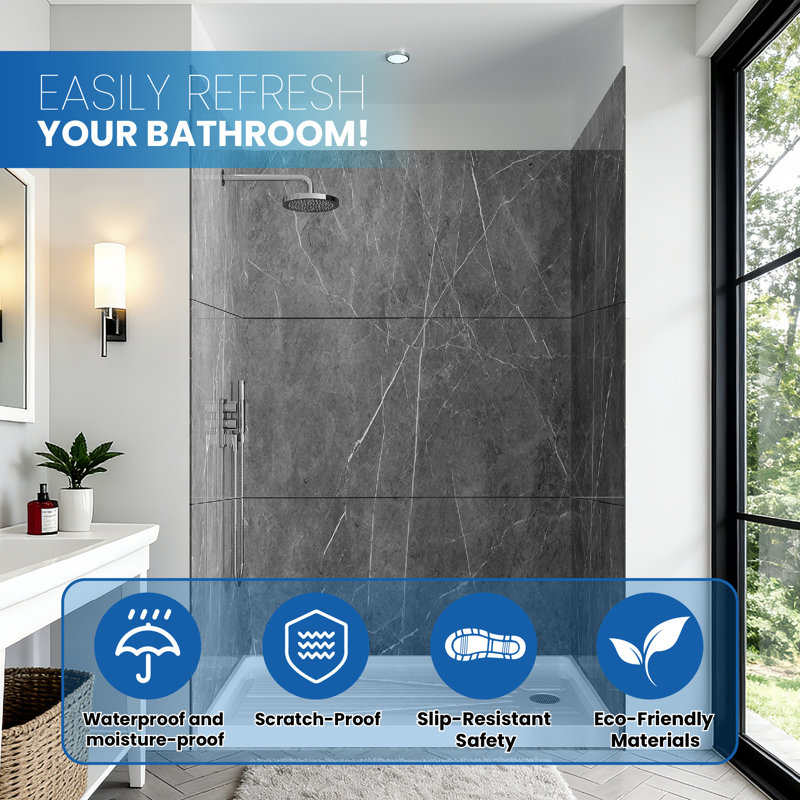 36" W x 72" H 9-Piece Acrylic Shower & Tub Wall Panel, Quick Install & Cuttable, 1/8" (2.8mm) Thickened, Marble Grey