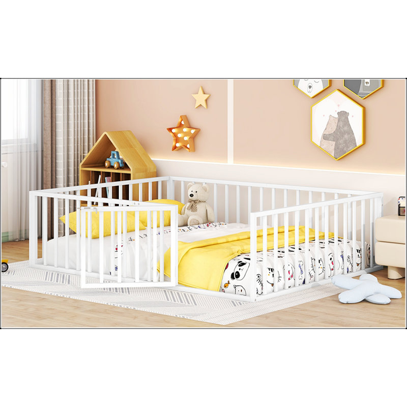 Queen Size Metal Floor Bed Frame With Fence And Door, Perfect For Modern Bedrooms And Enhanced Safety, White