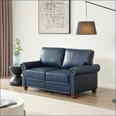 Loveseat Sofa, Classic Round Arm with Storage &amp; Silver Nails | Navy Blue PU Leather | Living Room