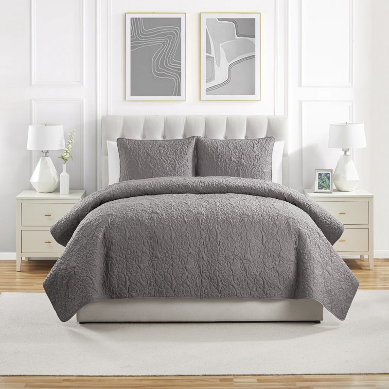 Ensemble de courtepointe 3 pièces Seashell, Courtepointe grand + 2 couvre-oreillers standard, Gris