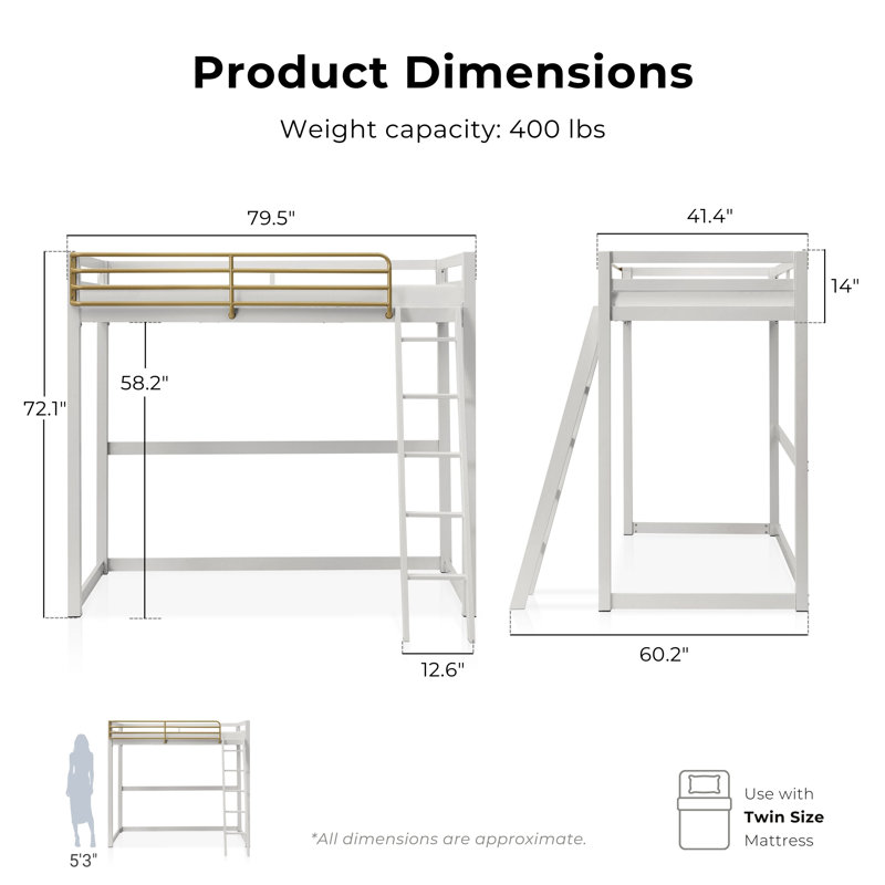 Audreena Metal Loft Bed, Twin, Dove Gray