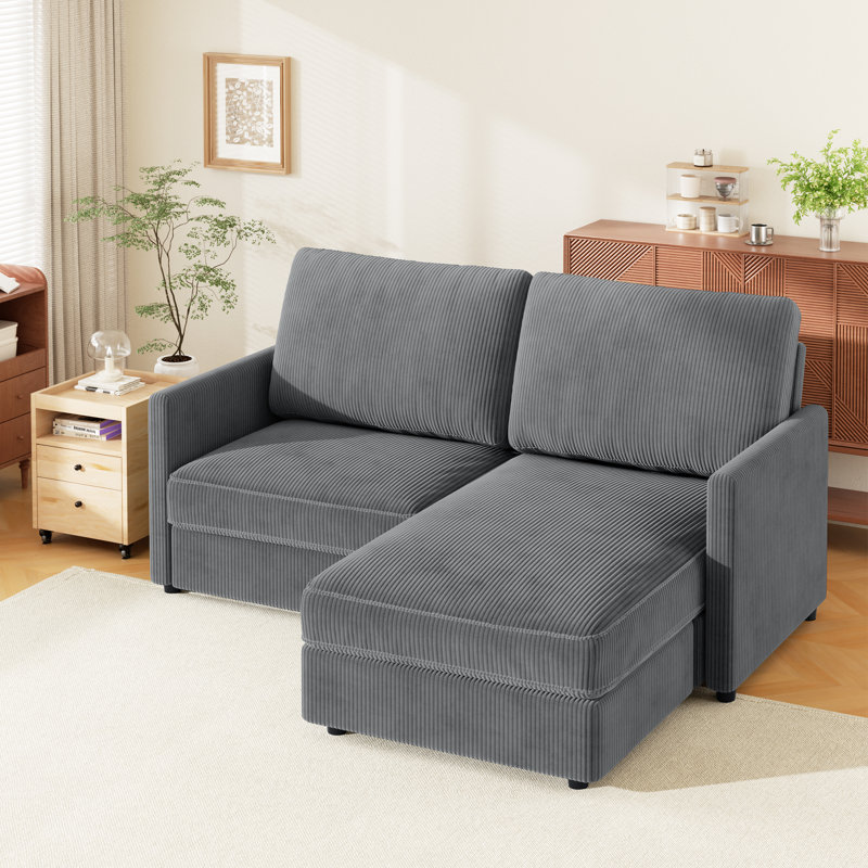 Modern Corduroy 2 Seater Sofa with Ottoman, Dark Gray Corduroy