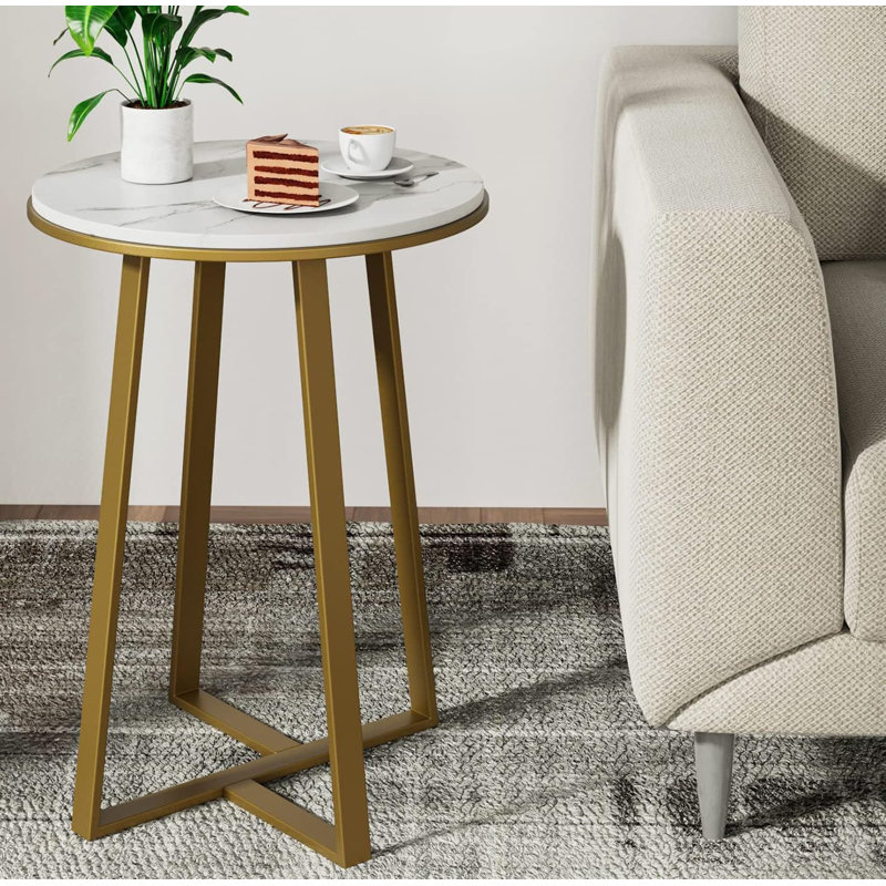Small Round Side Table - White Marble MDF Top & Gold Metal Frame (Bedroom/Living Room Coffee Tea End Table)