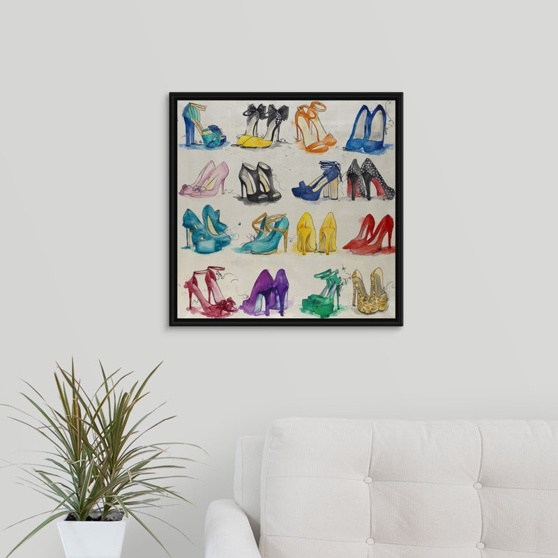 « placard of chaussures », peinture sur toile, H 21,7 po x l 21,7 po x P 1,75 po, Cadre flottant noir
