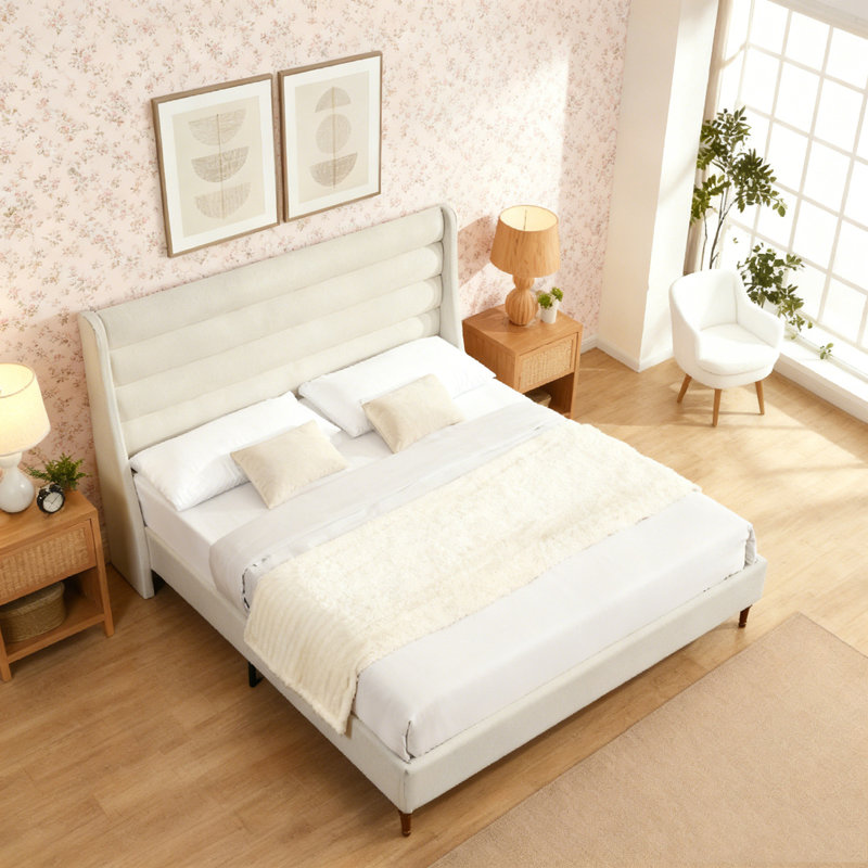 Lit plateforme en tissu d'ameublement avec tête de lit Chenille, Grand lit
