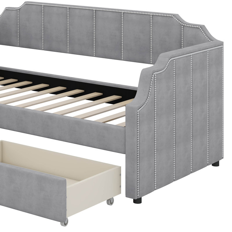 Twin Upholstered Daybed With 2 Drawers, Grey