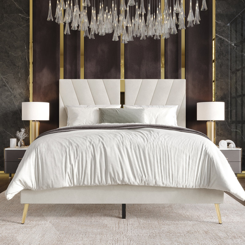 Lit plateforme tapissier Amapola, Double, Beige