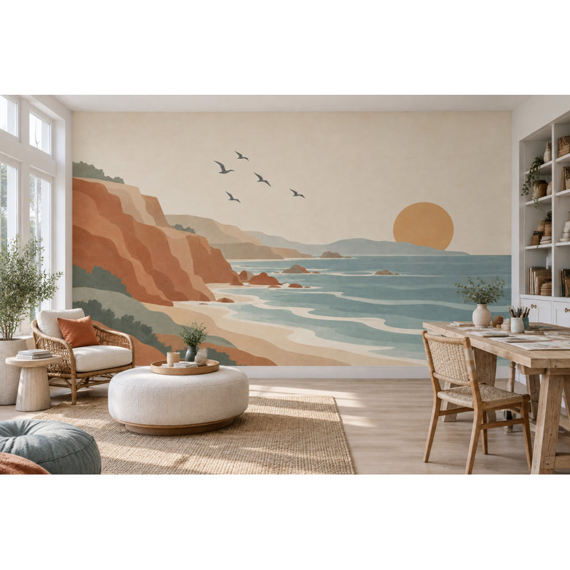 Papier peint mural rétro représentant un coucher de soleil sur des falaises côtières, 160 po x 108 po, Non tissé