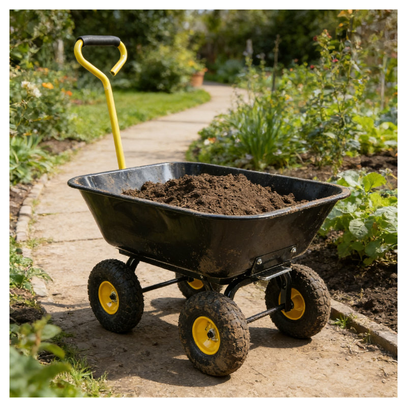 Chariot de jardin robuste à 4 roues avec pneus pneumatiques - Camion à benne basculante pliable en acier poly pour travaux extérieurs