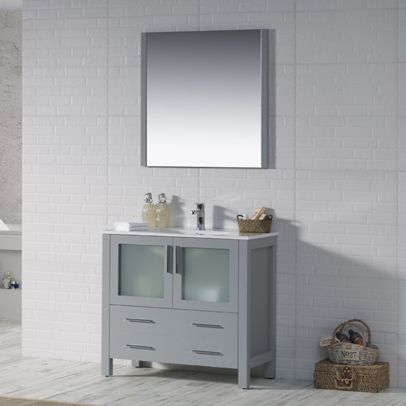 Mance 36 Inch Single Bathroom Vanity with Ceramic Sink Top, Storage Drawers, Soft-Close Doors & Mirror – Modern Bathroom Cabinet for Small & Large Bathrooms