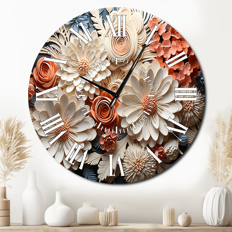 Horloge murale pêche et corail blanc I - Abstract Botanicals, Surdimensionné