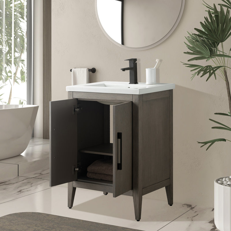 Meuble-lavabo simple 24 po avec plateau en céramique Chambery, Bois flottant gris, Noir mat