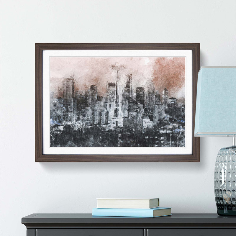 Seattle Washington Skyline in Abstract - Picture Frame Painting Print, 36cm H x 48cm W x 2cm D, Walnut Framed