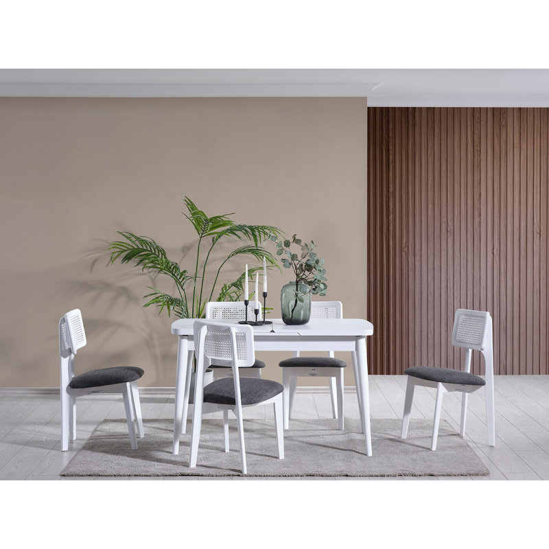 Ensemble de table et chaises de salle à manger extensible (4 pièces), bois de hêtre blanc massif, table: 50,0 x 29,5 x 27,6 po (Ouvert: 61,4 po de largeur) | Design scandinave moderne | Durable et élégant pour les repas et les réunions de famille