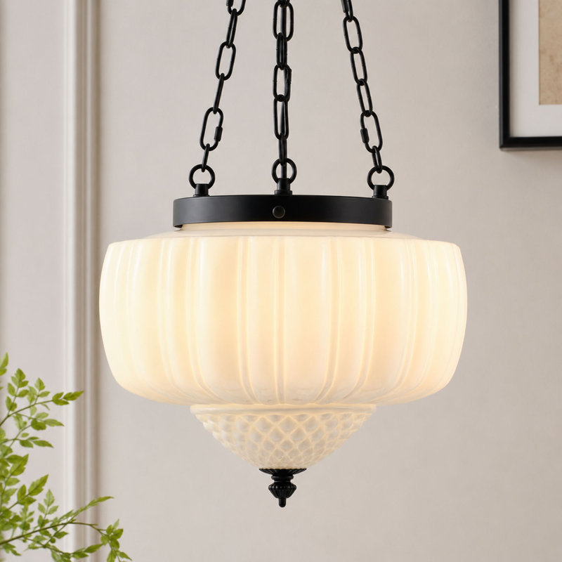 Schoolhouse Ceiling Light Fixture with Milk Glass White Shade, Adjustable Height, Mid Century Modern Pendant Lighting for Kitchen Island Dining Room