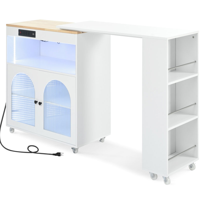 Rolling Kitchen Storage Island With 2 Fluted Glass Doors, White, Practical & Efficient White On Wheels Power Outlets And - Extended Table, Led Lights, 3 Open Shelves