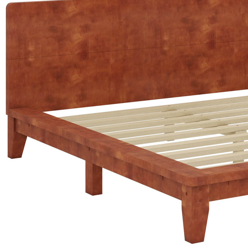 Base de lit plateforme avec tête de lit haute, support à lattes de bois, aucun sommier requis, Grand lit, Brown