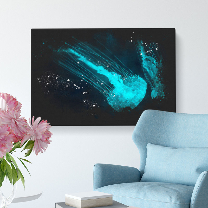 Neon Blue Jellyfish - Wrapped Canvas, 40cm H x 60cm W x 3cm D