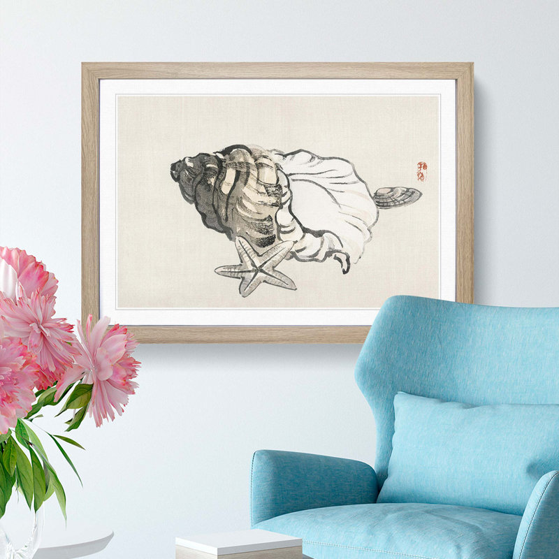 Starfish and Seashells by Kono Bairei - Picture Frame Painting Print, Oak Framed, 48cm H x 65cm W x 2cm D