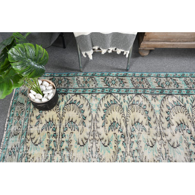 Tapis turc anatolien rétro tissé à la main à motif floral beige, parfait pour les chambres à coucher Beige / vert
