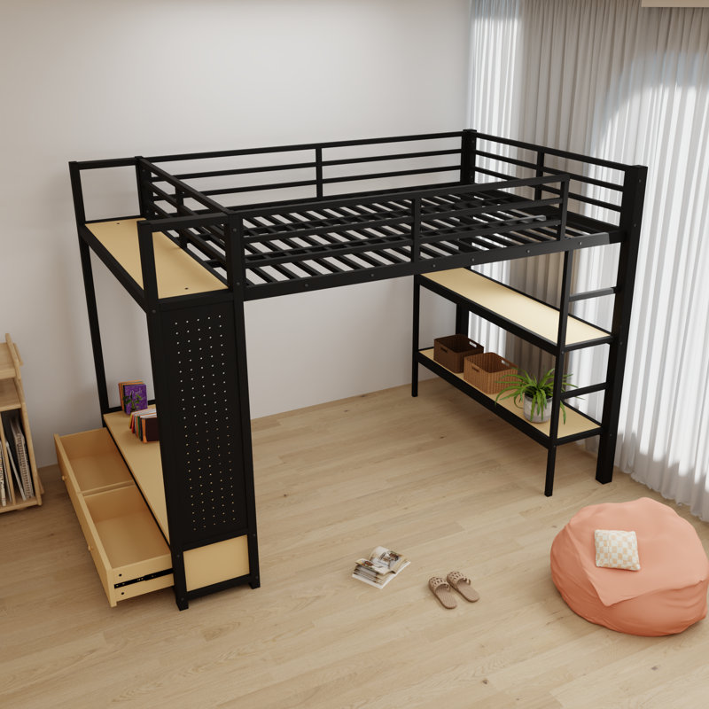 Black Metal Full Size Loft Bed With Pegboard And Shelves, Full