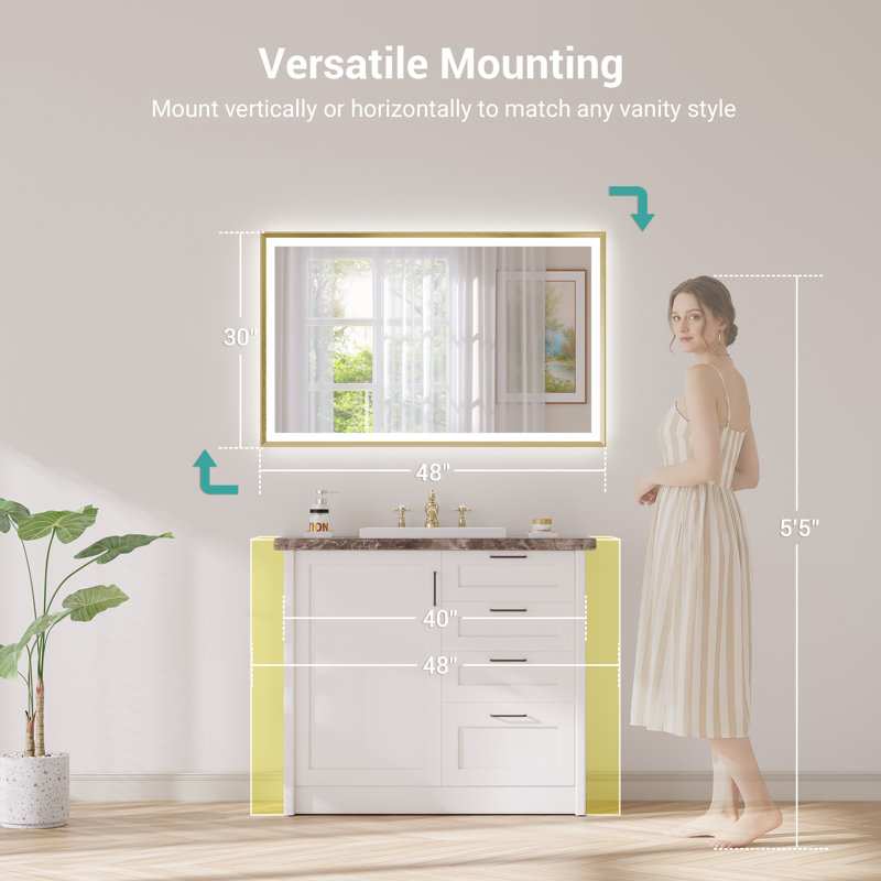 Modern Bathroom LED Mirror with Tempered Glass, Beveled Frame Vanity  Aluminum Frame Wall Mirror, Brushed Gold, 30" x 48"
