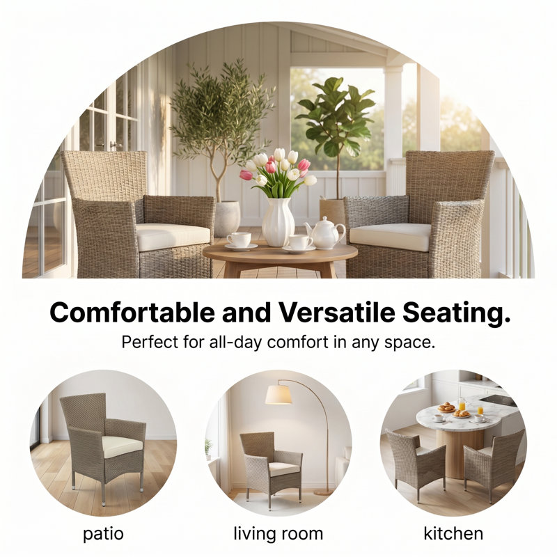 Set of 2 Wicker Patio Chairs with Cushions, All-Weather Rattan Outdoor Dining Armchairs for Garden, Deck, Poolside, Cream