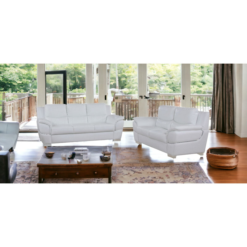 Two Piece Indoor White Genuine Leather Five Person Seating Set Two Piece Indoor White Genuine Leather Five Person Seating Set