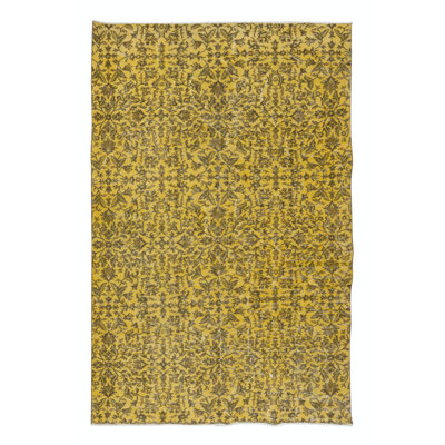Tapis turc contemporain fait à la main 6 x 9 pi avec fleurs brunes et fond jaune