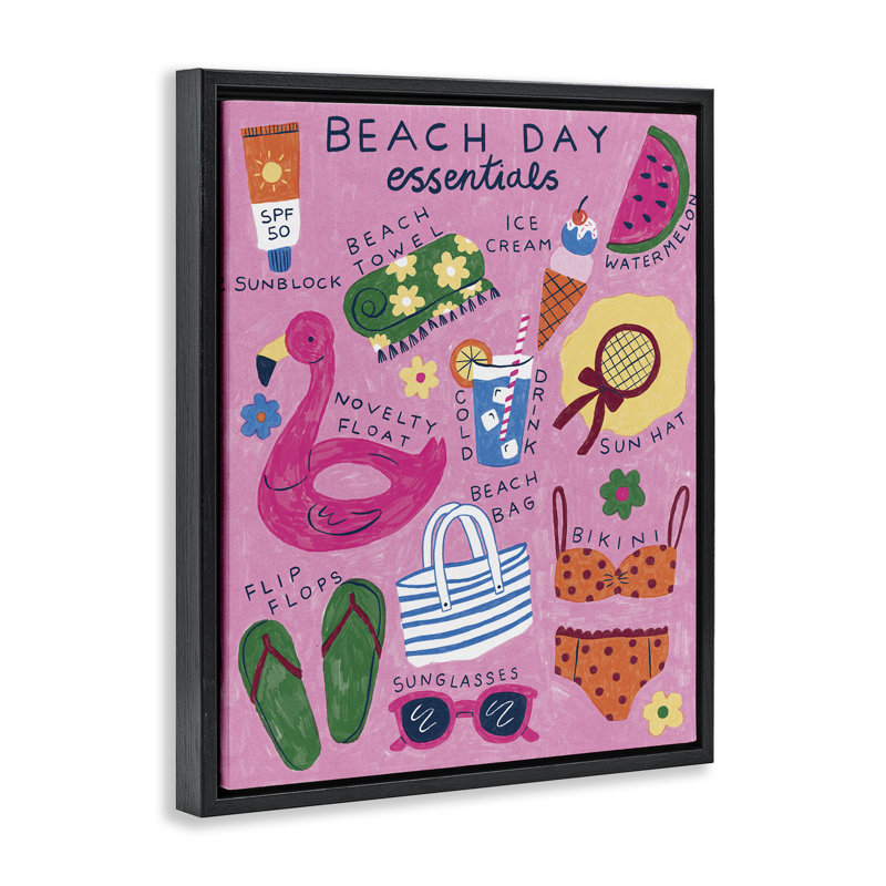  "Beach Day Essentials", art mural par Lisa Barlow, Cadre flottant noir de jais, H 21 po x l 17 po