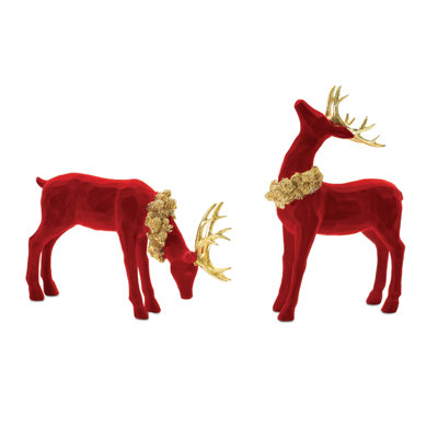 Red Velvet Deer Figurines with Gold Antlers