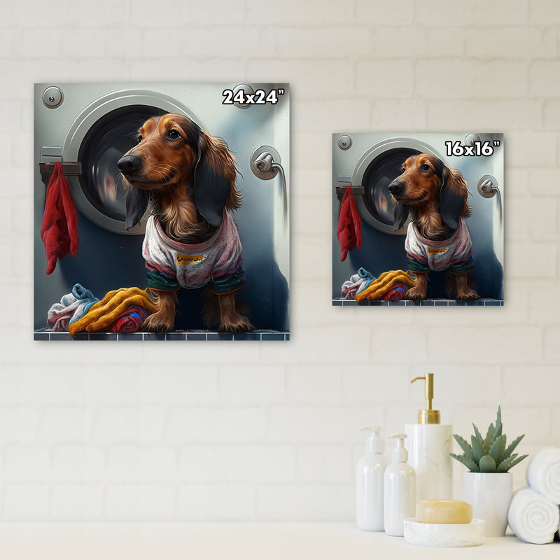 Dachshund Doing The Laundry IV - animaux, art mural sur toile, H 24 po x l 24 po x P 1 po