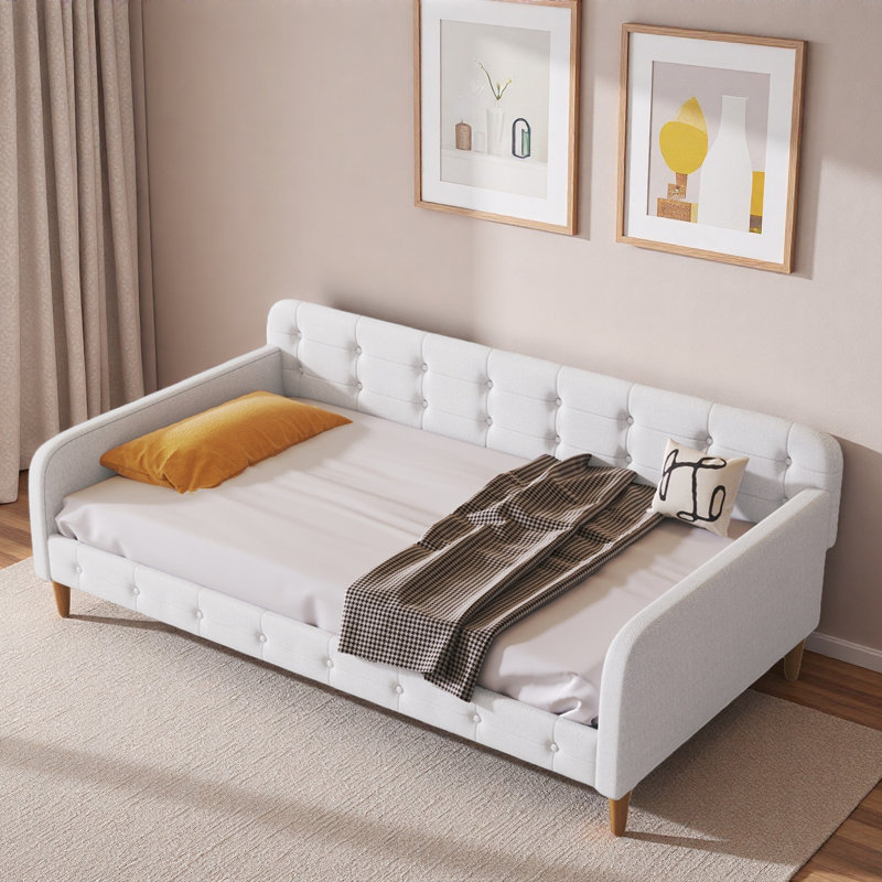 Lit de jour rembourré avec 4 pieds de soutien et capitonnage à boutons, Beige, Lit simple