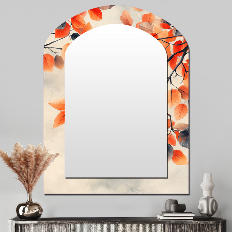 Orange Autumn Leaves II - miroir asymétrique à feuilles, miroir mural décoratif orange, impression sur métal, 43 po x 33 po