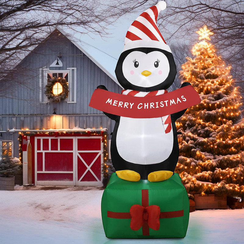 6FT Black and White Polyester Christmas Penguin Inflatable with LED Lights