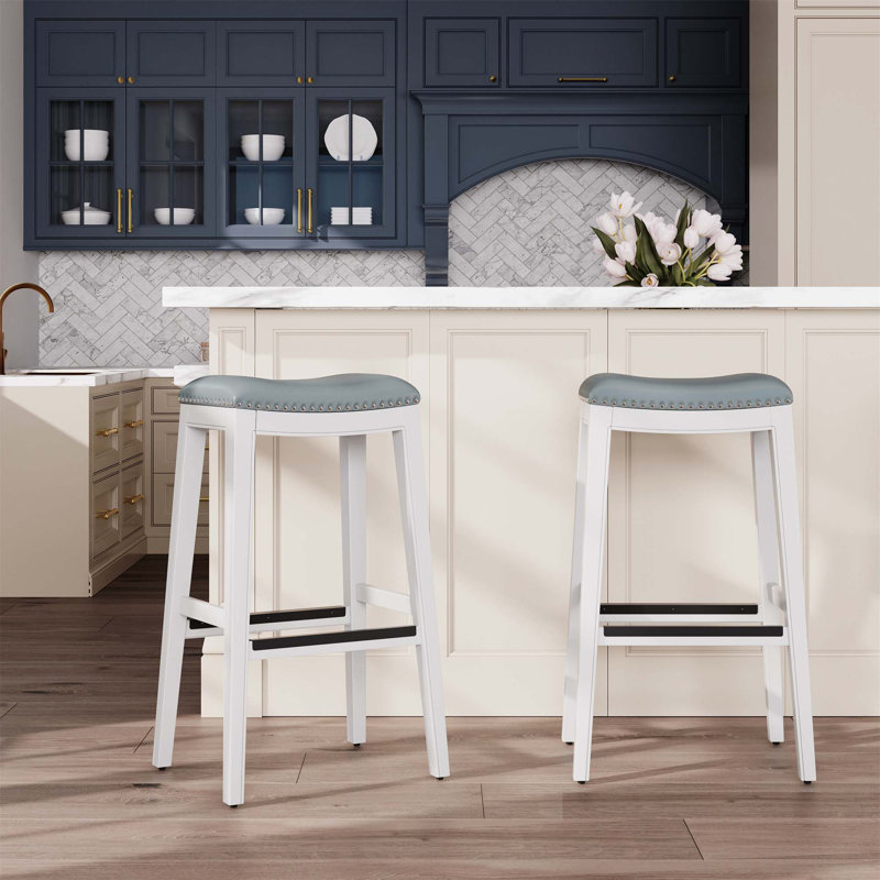 Tabouret de bar, siège en cuir, Blanc, Blanc