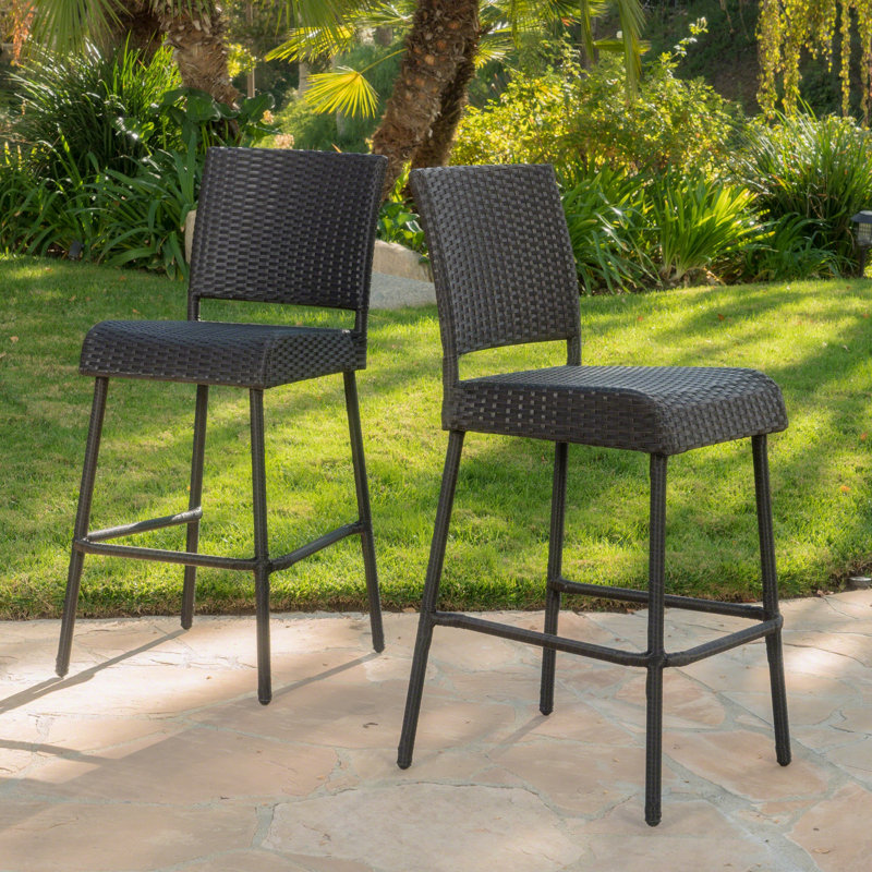 Set Of 2 Outdoor Patio Barstools, 29" Outdoors PE Rattan Armless, Brown