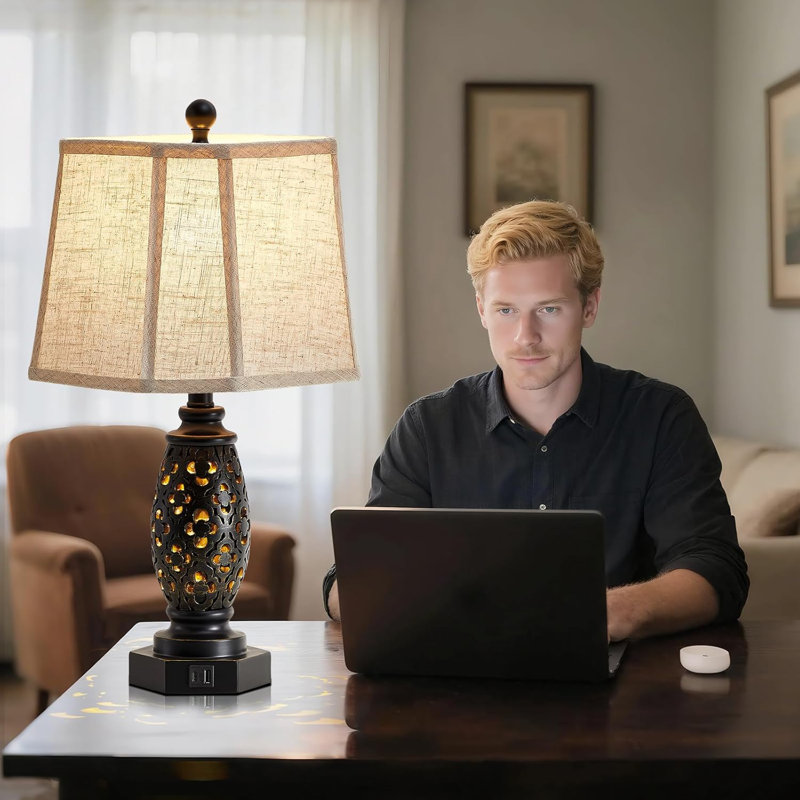 23.5" Vintage Table Lamps Set Of 2 With USB A+C And Nightlight - Carved Resin Farmhouse Desk Lamp For Bedrooms, End Tables, Living Room, Bulbs Included