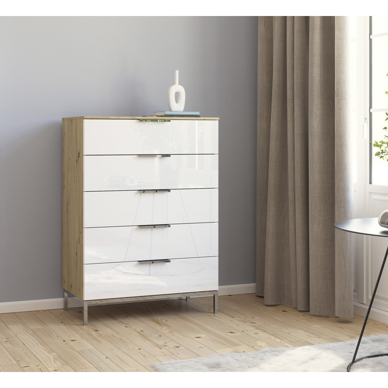 Flipp 5 - Drawer Chest of Drawers, Artisan Oak/White Glass/Chrome