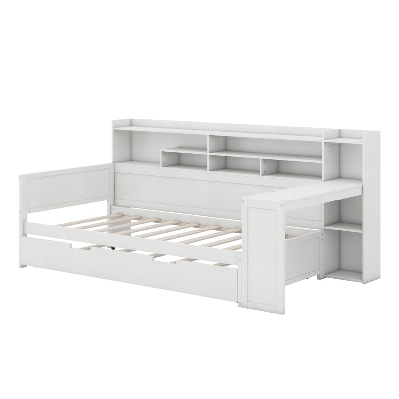 Lit de jour en bois avec lit gigogne et bureau d'étude, Lit simple, Blanc
