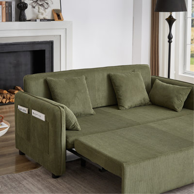 FX'' 66 Inch Sleeper Sofa Bed 3-in-1 Adjustable Sleeper with Pullout Bed 4 Pillows and Side Pockets Soft Corduroy Convertible Sleeper Sofa Bed for Living Room Bedroom Apartment Office green